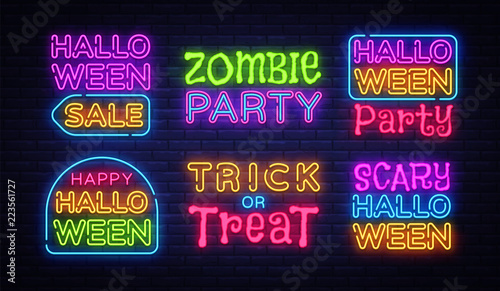 Big Collection neon signs for Halloween. Halloween neon logo vector, light banner design element colorful modern design trend, night bright advertising, bright sign. Vector illustration