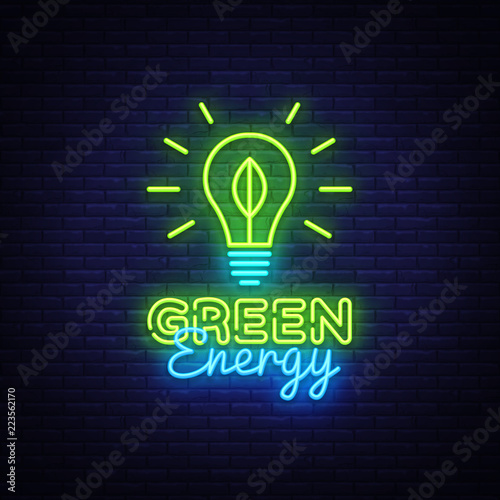 Green Energy neon sign vector. Eco Energy Design template neon sign, Ecology light banner, neon signboard, nightly bright advertising, light inscription. Vector illustration