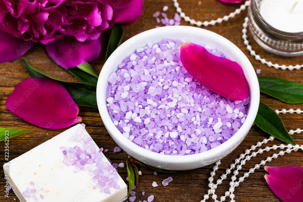 Purple Peony Salt for Spa and Aromatherapy. Selective focus. Purple Peony Salt for Spa and Aromatherapy. Selective focus.