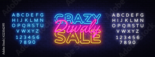 Diwali Crazy Sale neon text vector design template. Diwali Festival Offer Big Sale neon logo, light banner design element colorful modern design trend, bright sign. Vector. Editing text neon sign
