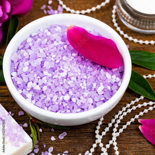 Purple Peony Salt for Spa and Aromatherapy. Selective focus.