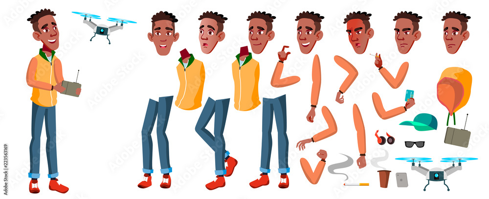 Teen Boy Vector. Animation Creation Set. Black. Afro American. Face ...