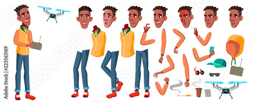 Teen Boy Vector. Animation Creation Set. Black. Afro American. Face Emotions, Gestures. Adult People. Casual. Animated. For Presentation, Print, Invitation Design. Isolated Cartoon Illustration