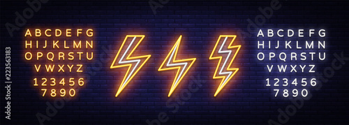 Lightning bolt set neon signs. Vector design template. High-voltage neon symbol, light banner design element colorful modern design trend, bright sign. Vector. Editing text neon sign
