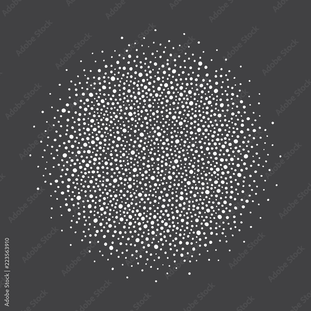 Round shape, snow circle, sphere made of uneven dots of various size, snowflakes, blobs, spots, pearls, beads. New Year, Christmas border, frame template, design element. Winter background, texture.
