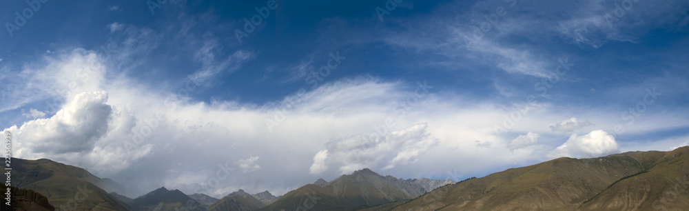 mountains, clouds, wide horizon, blue, sky, pastures, Kyrgyzstan