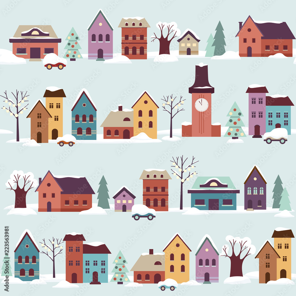 Snow-covered town in winter Christmas time with houses, decorated trees, snow drifts and cars, flat graphic. May be used as seamless pattern or single illustration. 