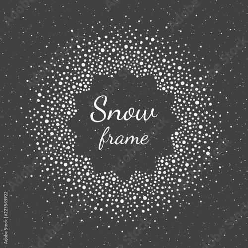 Round snow, snowflakes frame with empty center and spray, splash texture. New Year, Christmas template made of spots, dots, specks, flecks of various size. Circle shape winter abstract background.