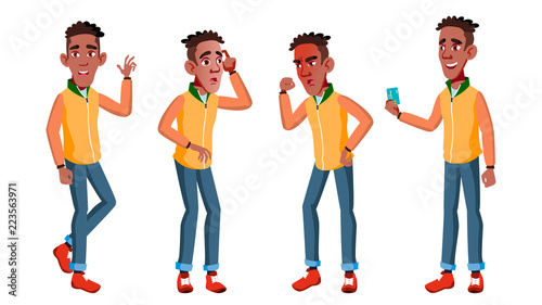 Teen Boy Poses Set Vector. Black. Afro American. Beauty, Lifestyle. For Web, Poster, Booklet Design. Isolated Cartoon Illustration