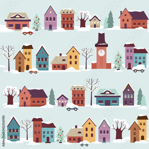 Snow-covered town in winter Christmas time with houses, decorated trees, snow drifts and cars, flat graphic. May be used as seamless pattern or single illustration. 