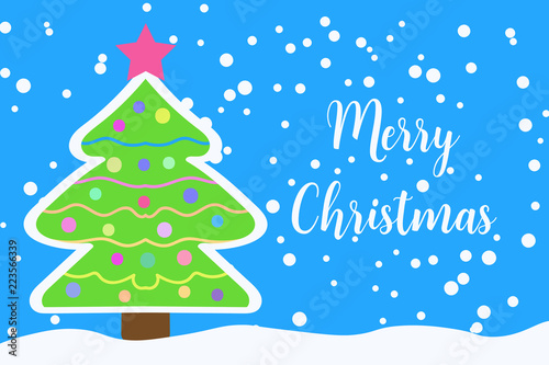 Merry Christmas greeting card with decorated Christmas tree and falling snow.