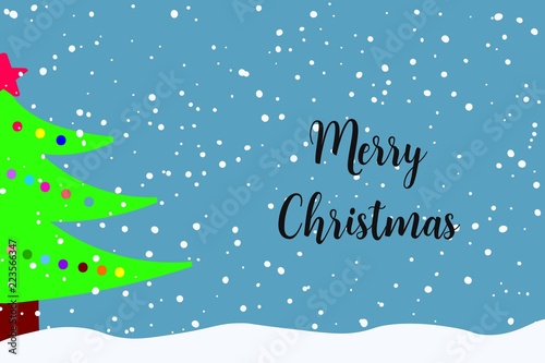 Merry Christmas greeting card with decorated Christmas tree and falling snow.