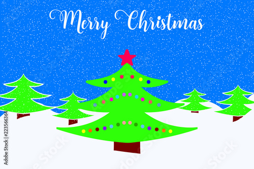 Merry Christmas greeting card with decorated Christmas tree and falling snow.