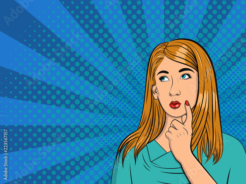 Thoughtful girl. Woman in comic style. Pop Art vintage vector illustration