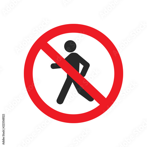 No pedestrian sign. Passing forbidden. Black silhouette in red circle