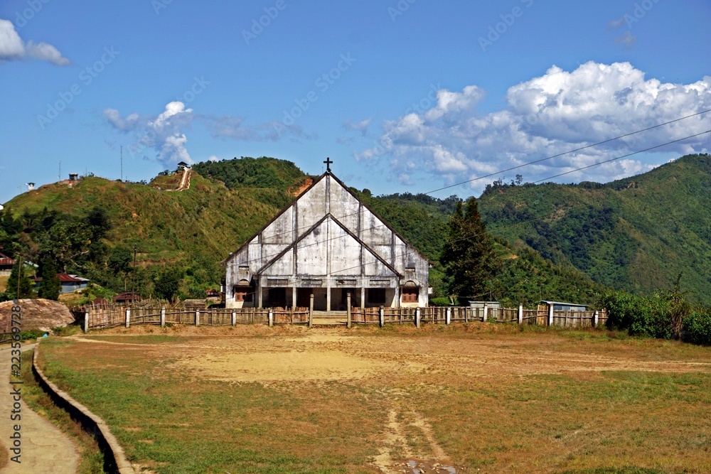 wodden catholic church in Longwa, Nagaland, India