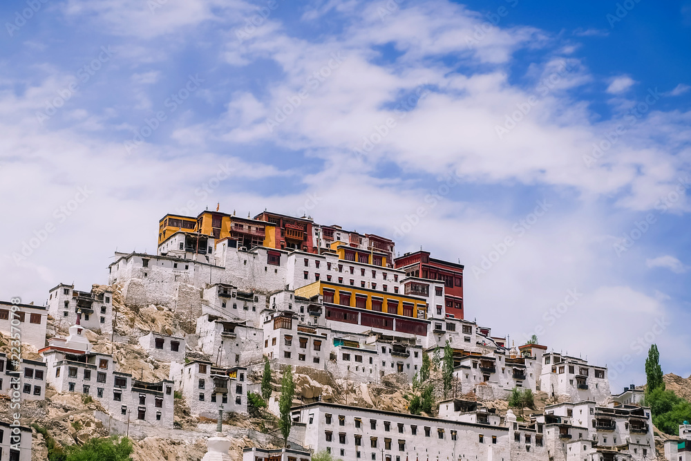 Landscape view of Thiksey Gompa or Thiksey Monastery, This is a gompa affiliated with the Gelug sect of Tibetan Buddhism in Ladakh, India. It is resemblance to the Potala Palace in Lhasa, tibet.