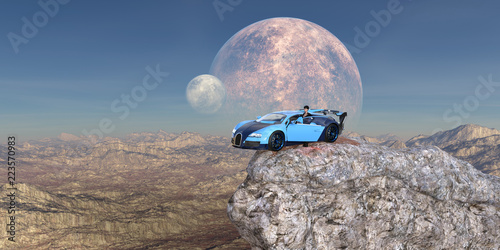 Illustration of a woman next to a supercar with the door open on an alien planet.