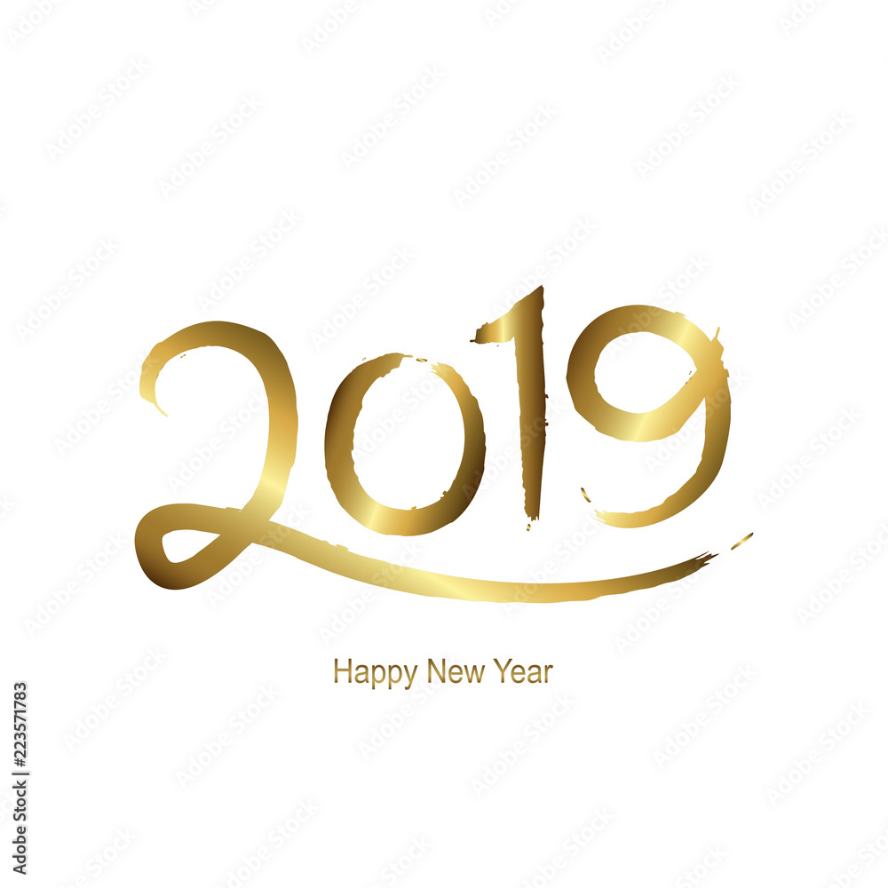 Happy new year 2019 hand written lettering with golden on white background, Vector illustration