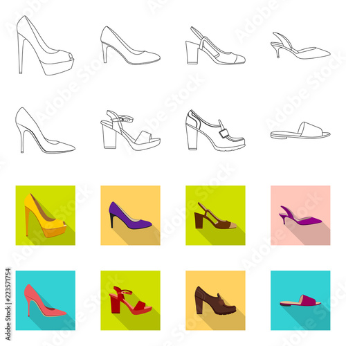 Vector illustration of footwear and woman logo. Collection of footwear and foot stock symbol for web.