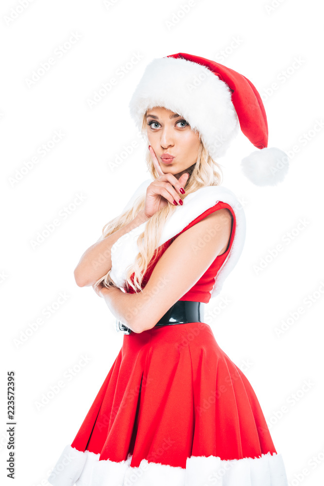 beautiful santa girl in christmas dress and hat doing duck face isolated on white background beautiful santa girl in christmas dress and hat doing duck face isolated on white background