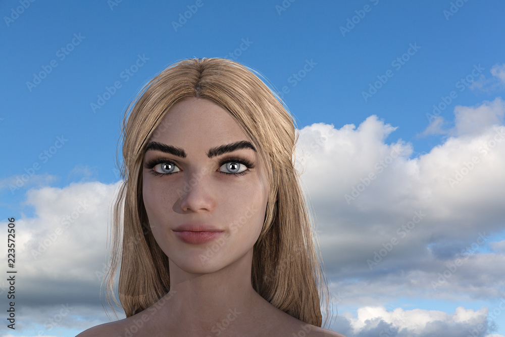 Illustration of a blonde woman with clouds and blue sky in the background.