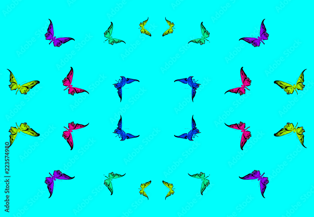 Multicolored stylized butterflies silhouettes on turquoise background with empty space inside. Multicolored stylized butterflies silhouettes on turquoise background with empty space inside.