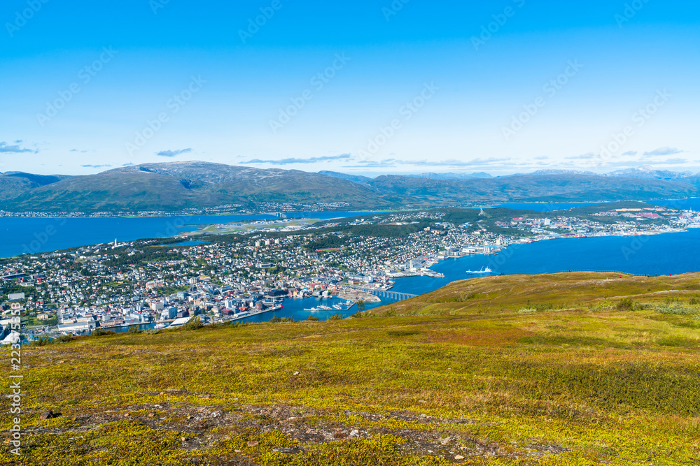 Aerial view of Tromso and Tromsoysundet strait in Norway