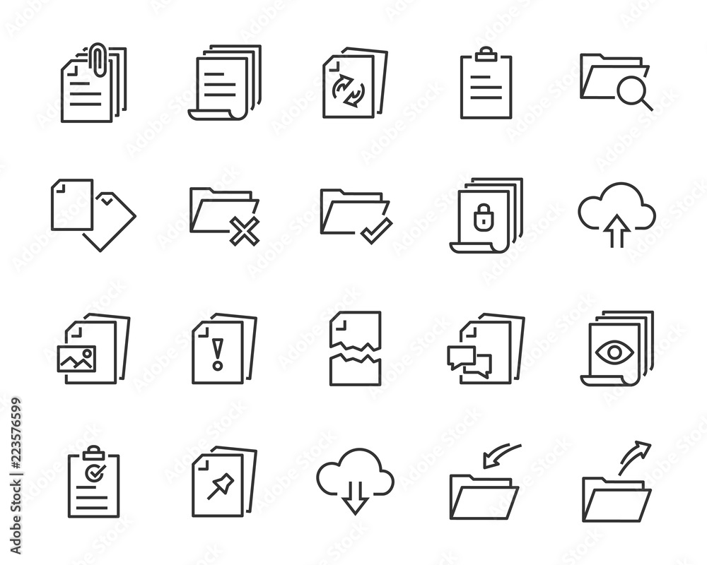 set of document icons, such as paper, mark, note, check, find