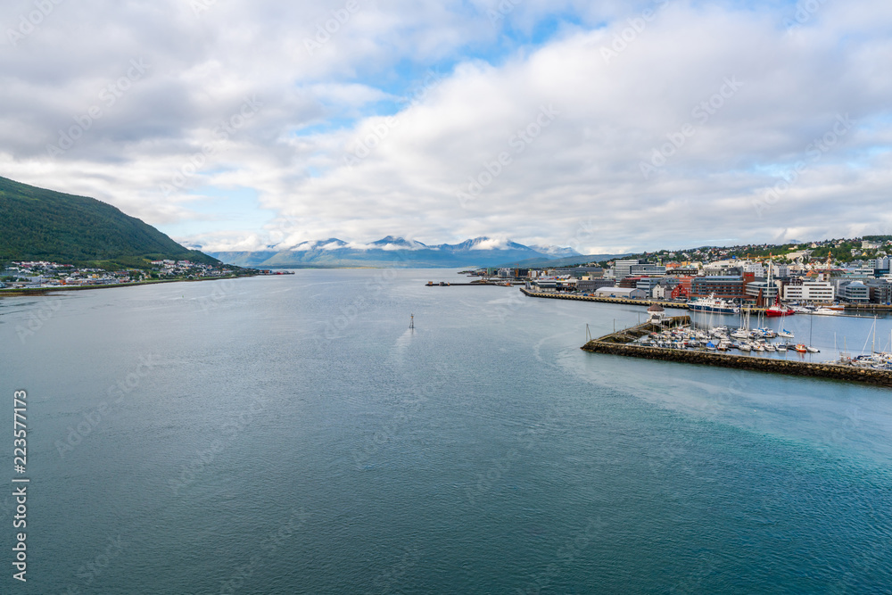 View of Tromsoysundet strait and port of Tromso in Norway