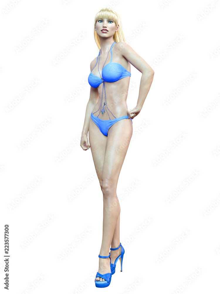 3D beautiful blonde woman blue swimsuit bikini. Summer rest. Conceptual fashion art. Seductive candid pose. Realistic render illustration. Isolate 3D beautiful blonde woman blue swimsuit bikini. Summer rest. Conceptual fashion art. Seductive candid pose. Realistic render illustration. Isolate