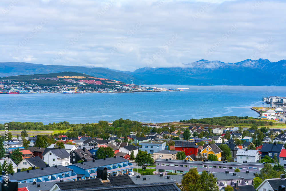 View of Tromso on mainland and island of Tromsoya across Tromsoysundet strait, Norway