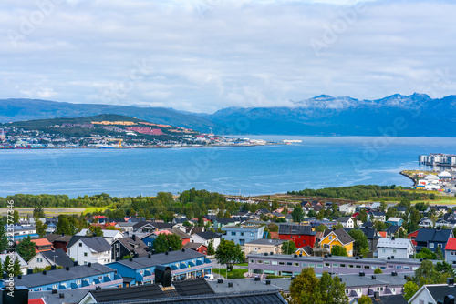 View of Tromso on mainland and island of Tromsoya across Tromsoysundet strait  Norway