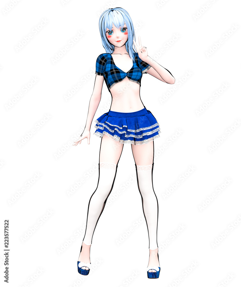3d Erotic Porn Japanese - 3D sexy anime doll japanese anime schoolgirl big blue eyes bright  makeup.Short blue jeans skirt blouse.Cartoon, comics, sketch, drawing,  manga illustration.Conceptual fashion art.Seductive candid pose Stock  Illustration | Adobe Stock