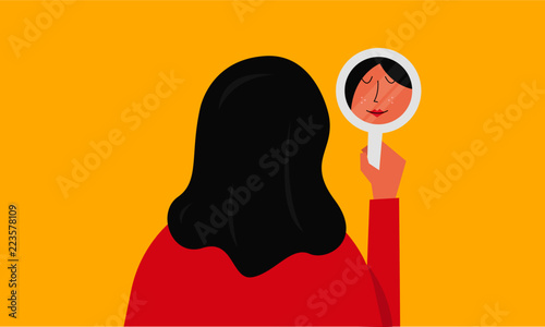 Vector illustration of a beautiful woman staring at her reflection in a mirror. Mirror shows woman's lovely face. Self Love/Confidence Concept