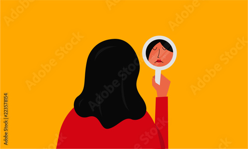 Vector illustration of a beautiful woman staring at her sad reflection in a mirror. Mirror shows woman's sad face