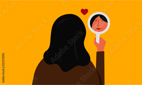 Vector illustration of a beautiful woman staring at her reflection in a mirror. Mirror shows woman's lovely face. Self Love/Confidence Concept