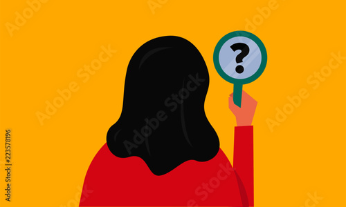 Vector illustration of a girl/woman staring at the question mark reflection in a mirror. Mirror shows doubt. Searching for Answers Concept photo