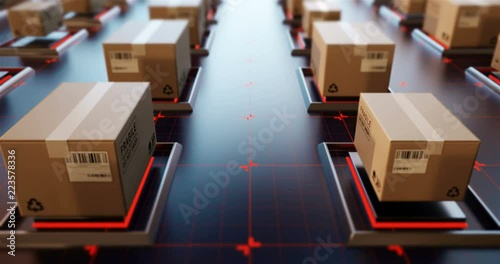 Packages are transported in high-tech Settings,online shopping,Concept of automatic logistics management.zoom in,3d rendering. 4K, Ultra HD resolution 