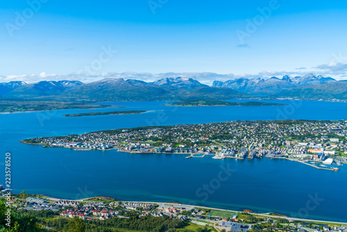 Aerial view of Tromso and Tromsoysundet strait in Norway
