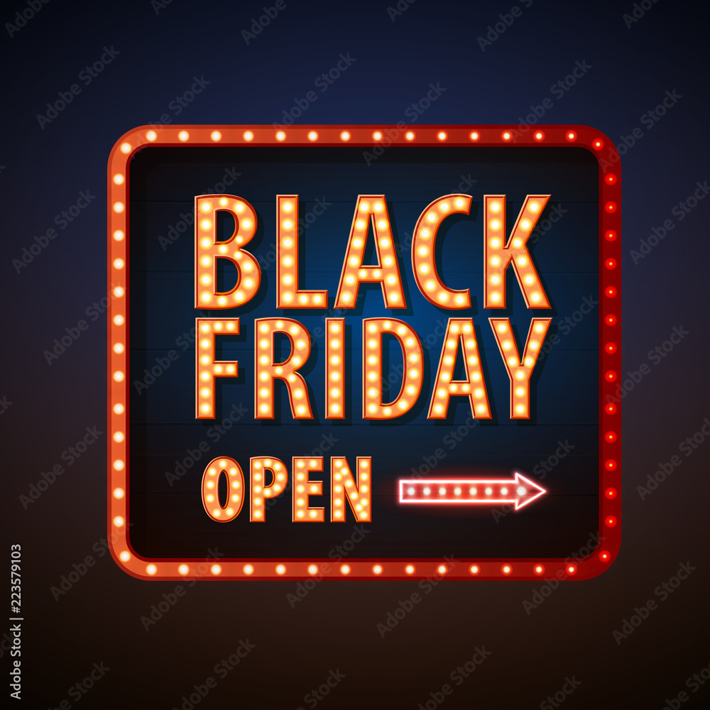 Obraz premium Neon sign black friday open. Vintage electric signboard. Road sign