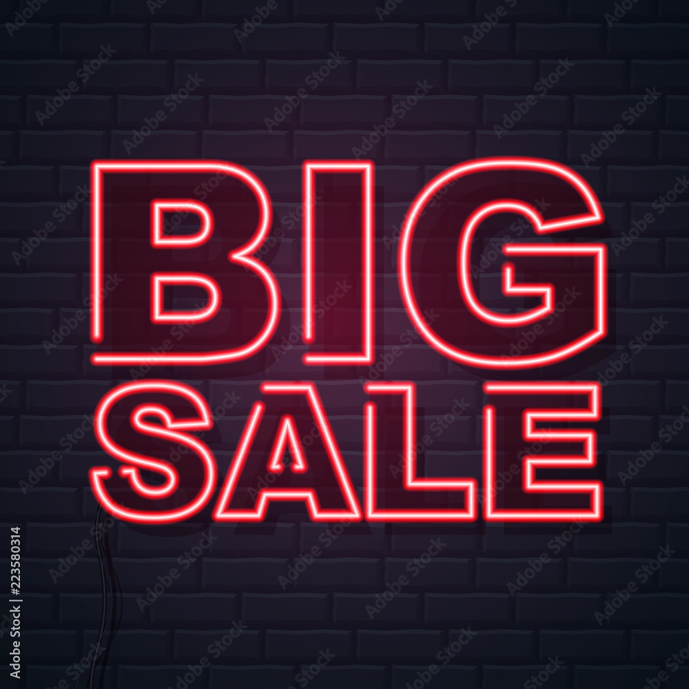 Neon sign big sale on brick wall background. Vintage electric signboard.