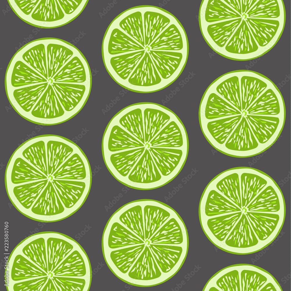 Round lime slices, seamless pattern. Tropical fruits. Vector background.