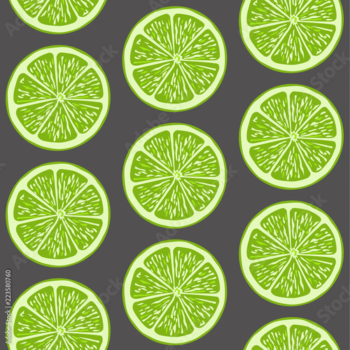 Round lime slices, seamless pattern. Tropical fruits. Vector background.
