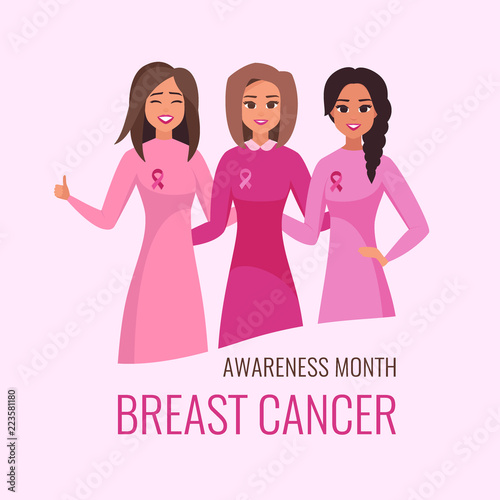 National Breast Cancer Awareness Month card. Laughing women hugging and wearing pink. vector illustration
