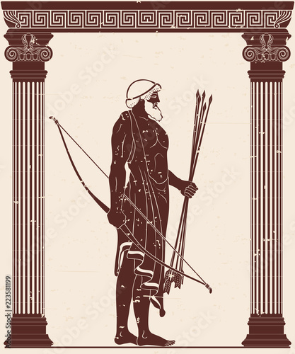 The hero of the ancient Greek myths Odysseus. Warrior with a weapon in the temple between the columns. Archer with a bow and arrows in his hands.