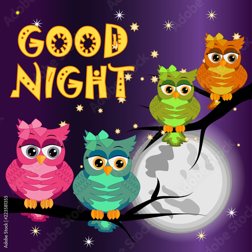 A sweet fairy-tale pink owl in a hat for dream dreams, sings a lullaby, lulls the sky, the moon and stars sitting on a sleeping sickle of the moon among a dark night sky and stars