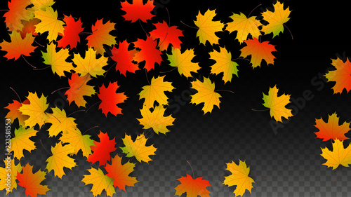 September Vector Background with Golden Falling Leaves. Autumn Illustration with Maple Red, Orange, Yellow Foliage. Isolated Leaf on Transparent Background. Bright Swirl. Suitable for Posters.
