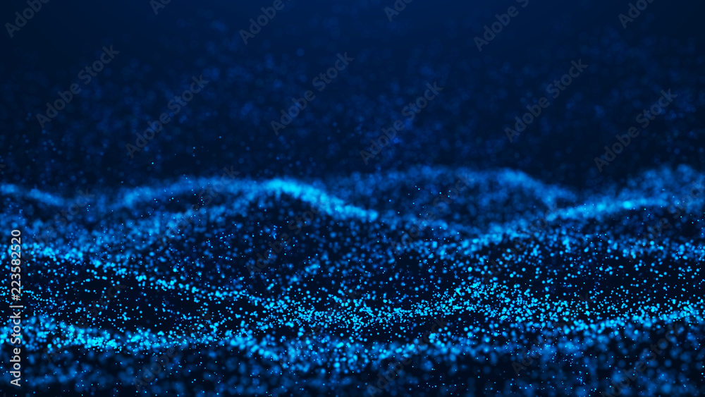Wave of particles. Futuristic blue dots background with a dynamic wave. Big data. 3d rendering. - obrazy, fototapety, plakaty 