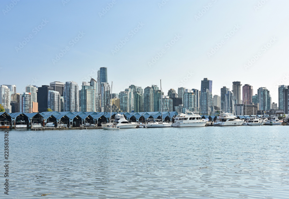 Obraz premium The skyline of Vancouver from Stanley Park at a sunny summer day. Water area with a marina in the foreground. British Columbia, Canada.